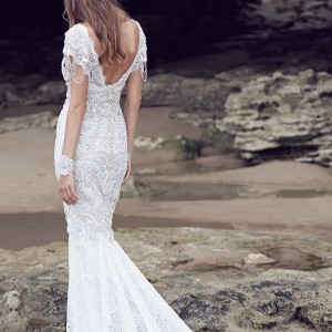 anna campbell 2015 bridal dresse cap sleeves v neckline beaded embellished bodice gorgeous fit to flare mermaid wedding dress sierra back view
