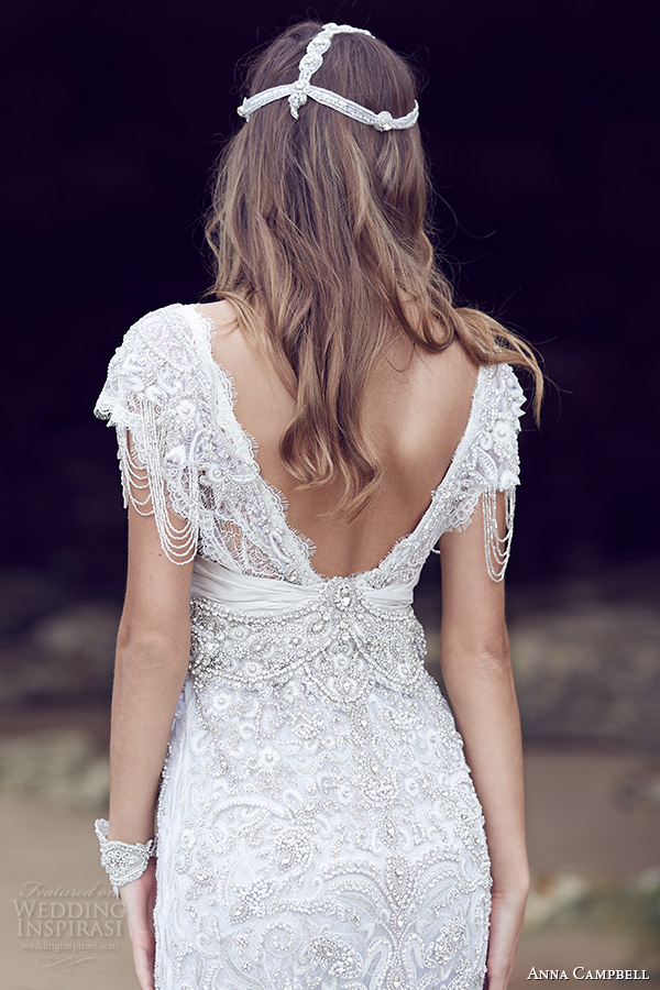 anna campbell 2015 bridal dresse cap sleeves v neckline beaded embellished bodice gorgeous fit to flare mermaid wedding dress sierra back view close up