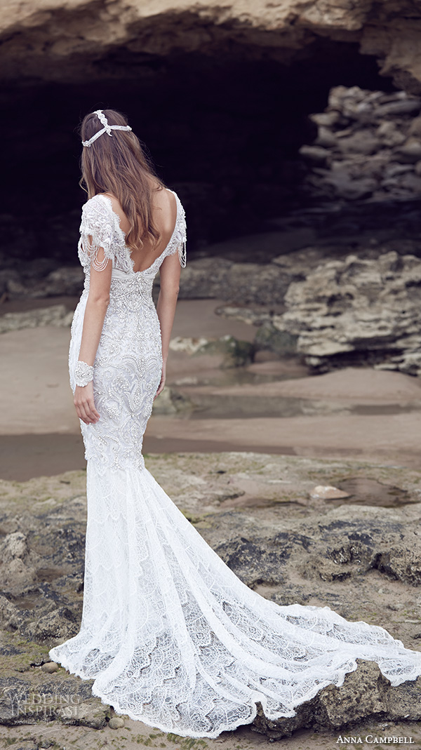 anna campbell 2015 bridal dresse cap sleeves v neckline beaded embellished bodice gorgeous fit to flare mermaid wedding dress sierra back view