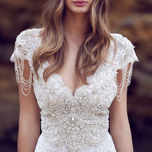 anna campbell 2015 bridal dresse cap sleeves v neckline beaded embellished bodice gorgeous fit to flare mermaid wedding dress sierra close up