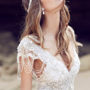 anna campbell 2015 bridal dresse cap sleeves v neckline beaded embellished bodice gorgeous fit to flare mermaid wedding dress sierra close up view