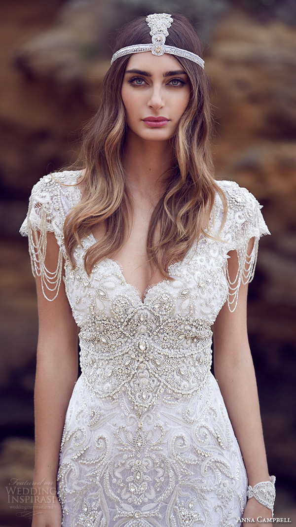 anna campbell 2015 bridal dresse cap sleeves v neckline beaded embellished bodice gorgeous fit to flare mermaid wedding dress sierra close up