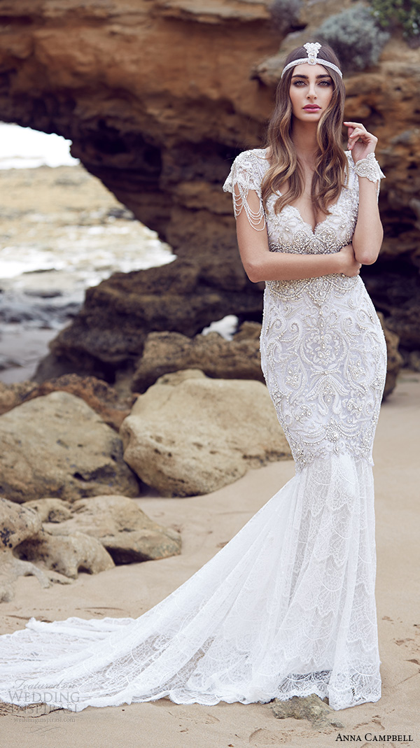 anna campbell 2015 bridal dresse cap sleeves v neckline beaded embellished bodice gorgeous fit to flare mermaid wedding dress sierra