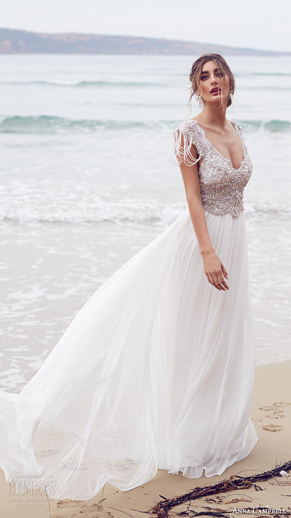 anna campbell 2015 bridal dresse cap sleeves v neckline beaded embellished bodice pretty wedding dress with silk tulle skirt sierra