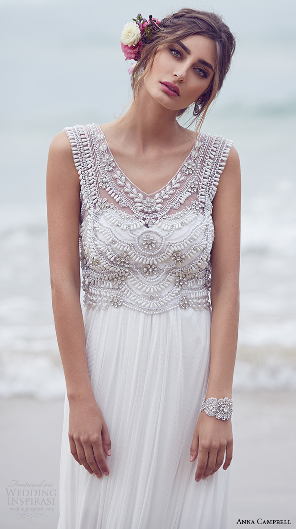 anna campbell 2015 bridal dresse sleeveless scoop neckline embellished boeidce silk tulle romantic wedding dress madison front view close up