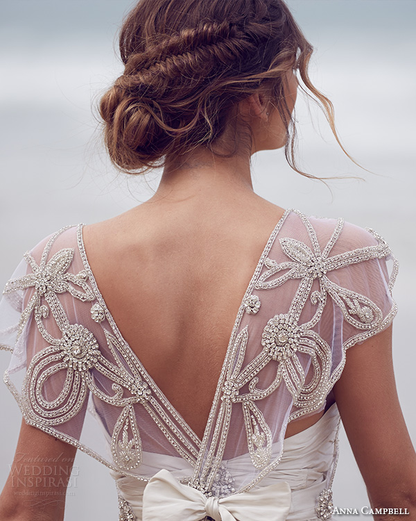 anna campbell 2015 bridal dresses beaded embroidery bodice scoop neckline cap sleeves a line wedding dress adelaide back view close up