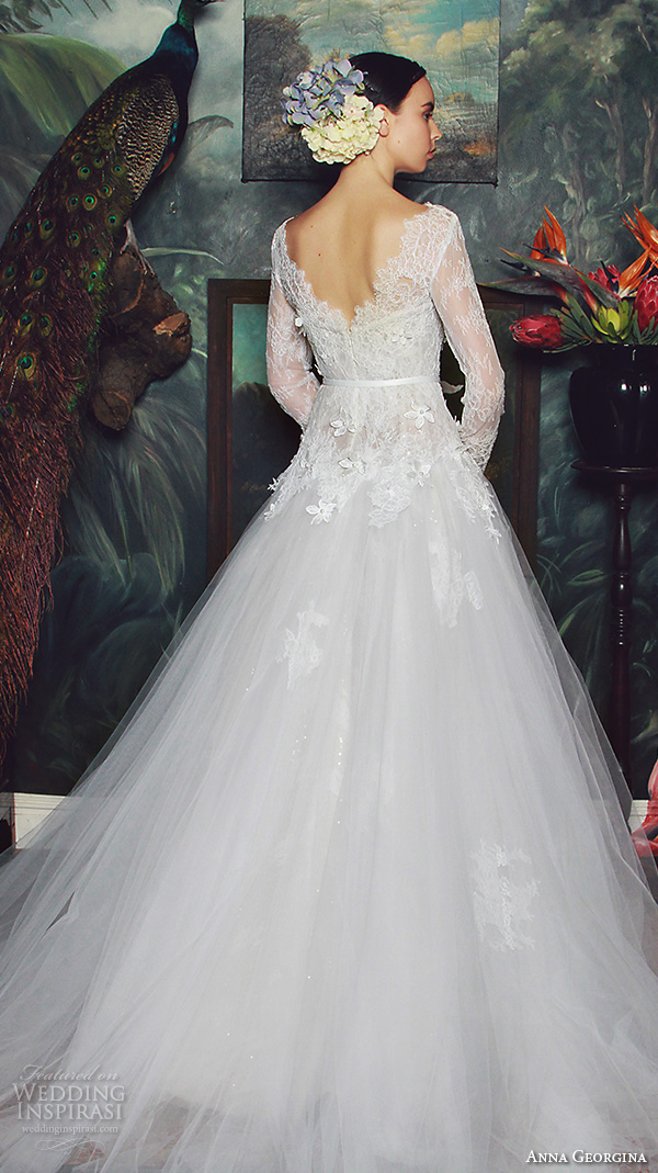 anna georgina 2015 bridal lace long sleeves bateau neckline floral embroidery lace bodice tulle skirt ball gown wedding dress jade back view