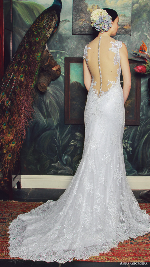 anna georgina 2015 bridal lace strap v neckline fit to flare mermaid wedding dress naomi back view