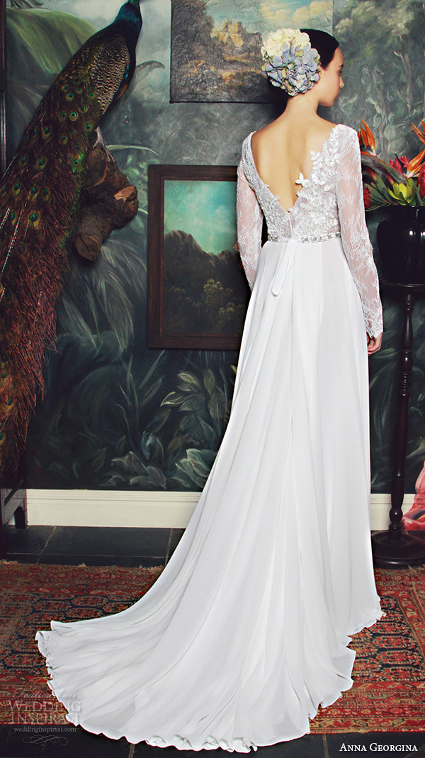 anna georgina 2015 bridal plunging v neckline lace long sleeves floral leaf embroidery bodice high slit sheath wedding dress annocha back view