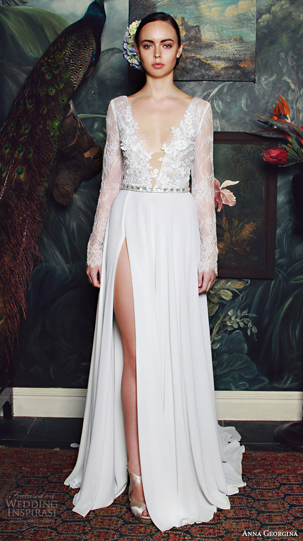 anna georgina 2015 bridal plunging v neckline lace long sleeves floral leaf embroidery bodice high slit sheath wedding dress annocha