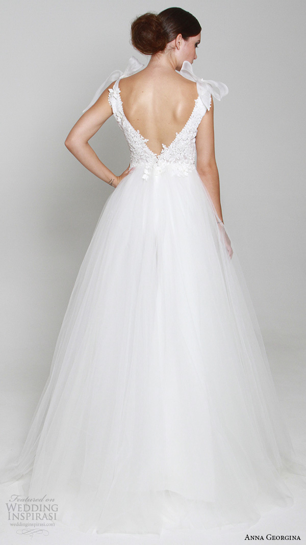 anna georgina 2015 bridal plunging v neckline ribbon tied straps embroidery bodice tulle skirt ball gown wedding dress athene back view anna georgina 2015 bridal plunging v neckline ribbon tied straps embroidery bodice tulle skirt ball gown wedding dress athene back view