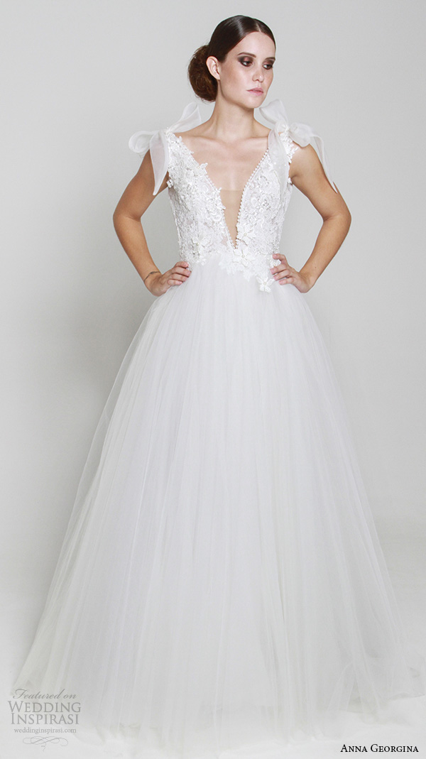 anna georgina 2015 bridal plunging v neckline ribbon tied straps embroidery bodice tulle skirt ball gown wedding dress athene anna georgina 2015 bridal plunging v neckline ribbon tied straps embroidery bodice tulle skirt ball gown wedding dress athene