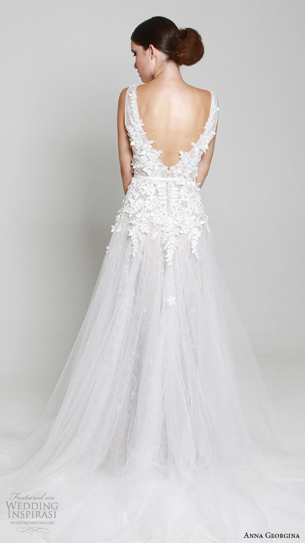 anna georgina 2015 bridal sleeveless floral embroidery bodice v neckline high slit a line wedding dress elena back