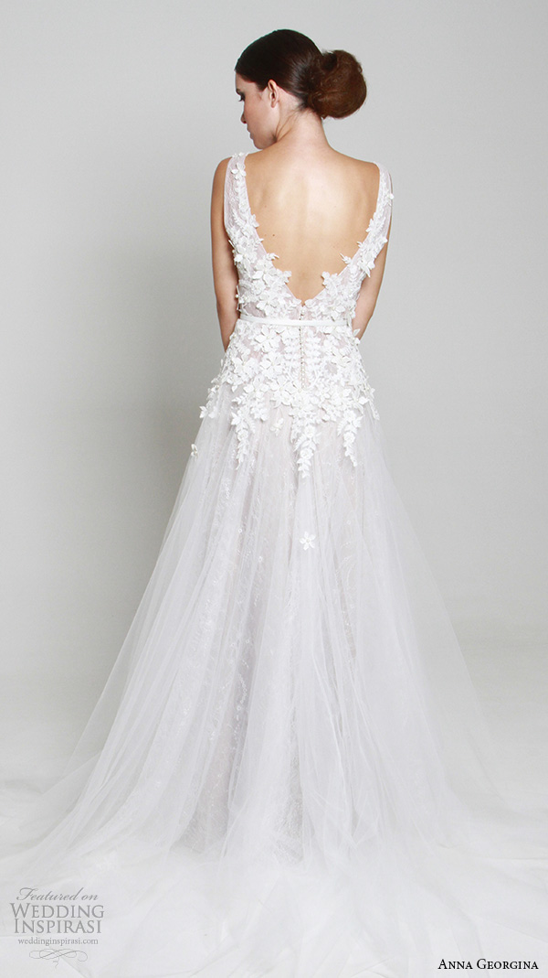 anna georgina 2015 bridal sleeveless floral embroidery bodice v neckline high slit a line wedding dress elena back anna georgina 2015 bridal sleeveless floral embroidery bodice v neckline high slit a line wedding dress elena back
