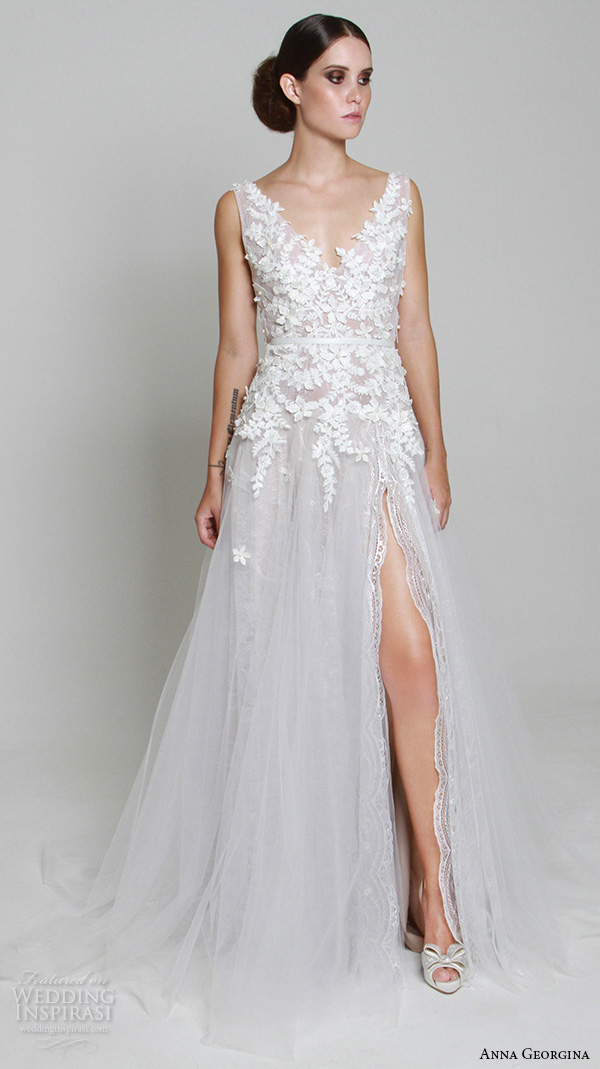 anna georgina 2015 bridal sleeveless floral embroidery bodice v neckline high slit a line wedding dress elena