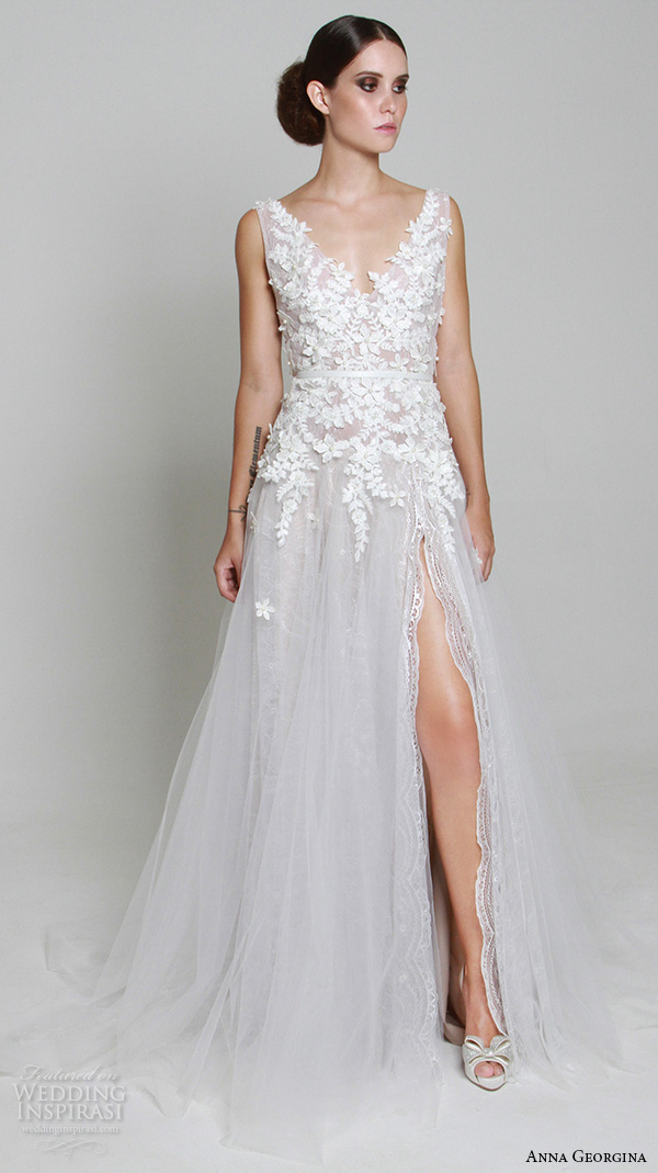 anna georgina 2015 bridal sleeveless floral embroidery bodice v neckline high slit a line wedding dress elena anna georgina 2015 bridal sleeveless floral embroidery bodice v neckline high slit a line wedding dress elena