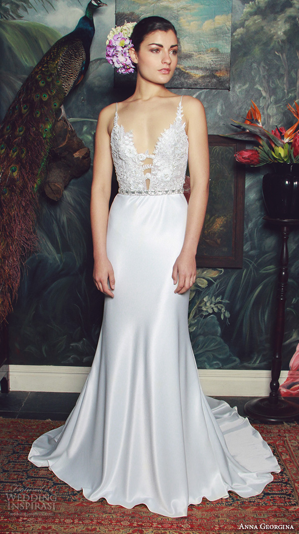 anna georgina 2015 bridal spagetti strap plunging v neckline floral embroidery satin skirt sheath wedding dress judith