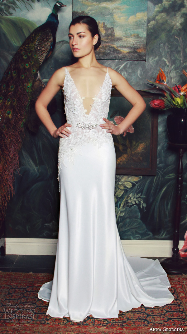 anna georgina 2015 bridal spagetti strap v plunging neckline floral embroidery bodice sheath wedding dress irene