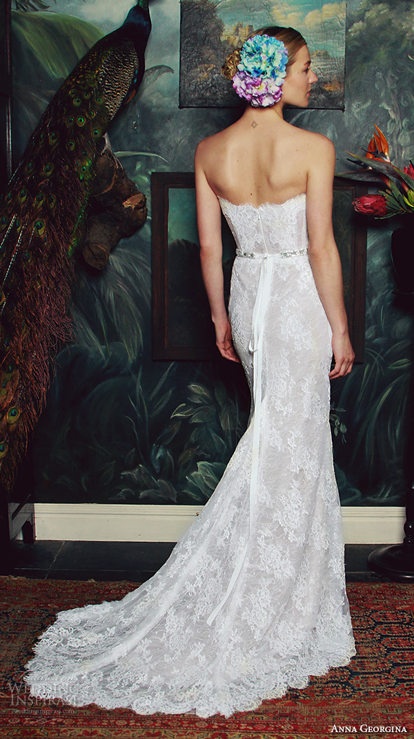 anna georgina 2015 bridal strapless straight across neckline bustier lace bodice fit to flare mermaid wedding dress isabella back view anna georgina 2015 bridal strapless straight across neckline bustier lace bodice fit to flare mermaid wedding dress isabella back view