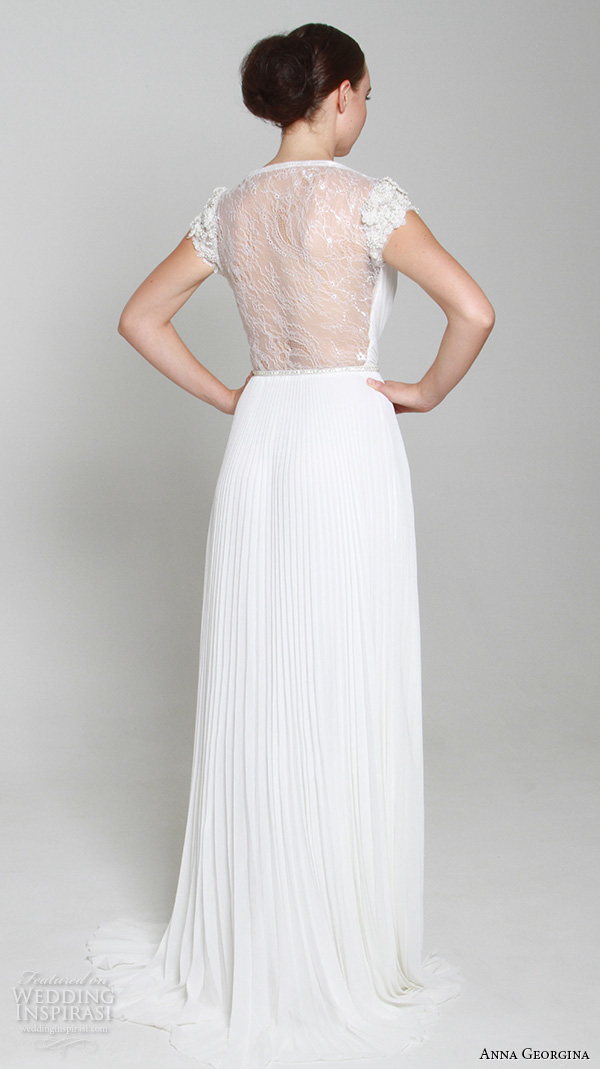 anna georgina 2015 bridal v neck cap sleeves pleated sheath wedding dress middle slit sheer back annalize back view