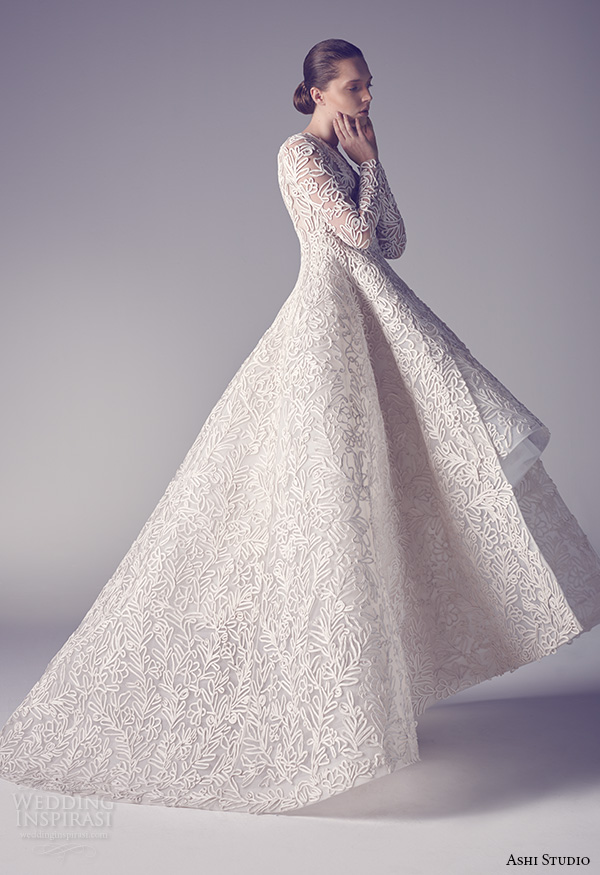 ashi studio couture 2015 jewel neckline long sleeves intricate floral embroideries high low ball gown dress back view