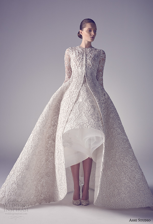 ashi studio couture 2015 jewel neckline long sleeves intricate floral embroideries high low ball gown dress