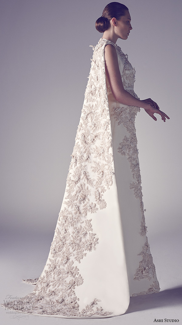 ashi studio couture 2015 jewel neckline sleeveless floral embroideries inner pants sheath dress with cape side view
