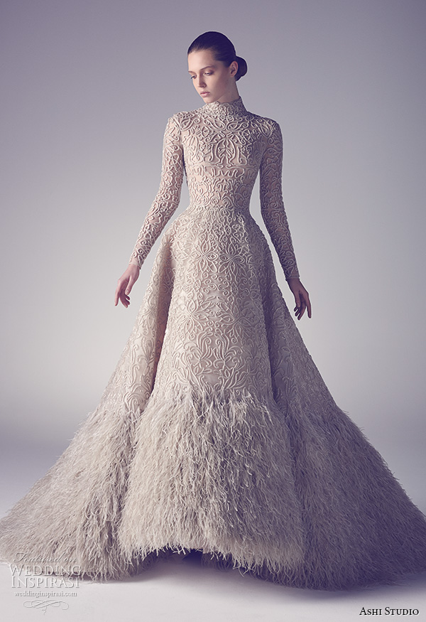 ashi studio couture 2015 long sleeves high neckline floral filigree embroidery with feathers ball gown dress