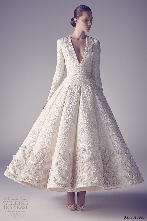 ashi studio couture 2015 long sleeves v neckline intricate embroideries flounce tea length wedding dress front view