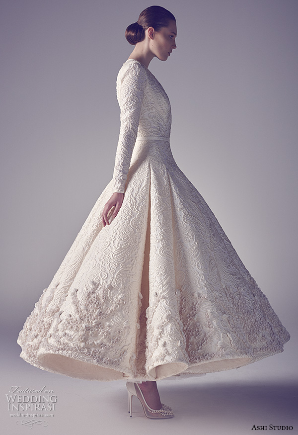 ashi studio couture 2015 long sleeves v neckline intricate embroideries flounce tea length wedding dress