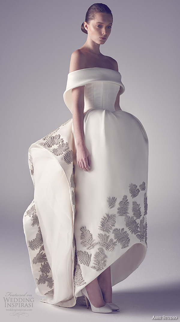 ashi studio couture 2015 off the shoulder bell shaped flounce wedding gown with fern embroideries at trim