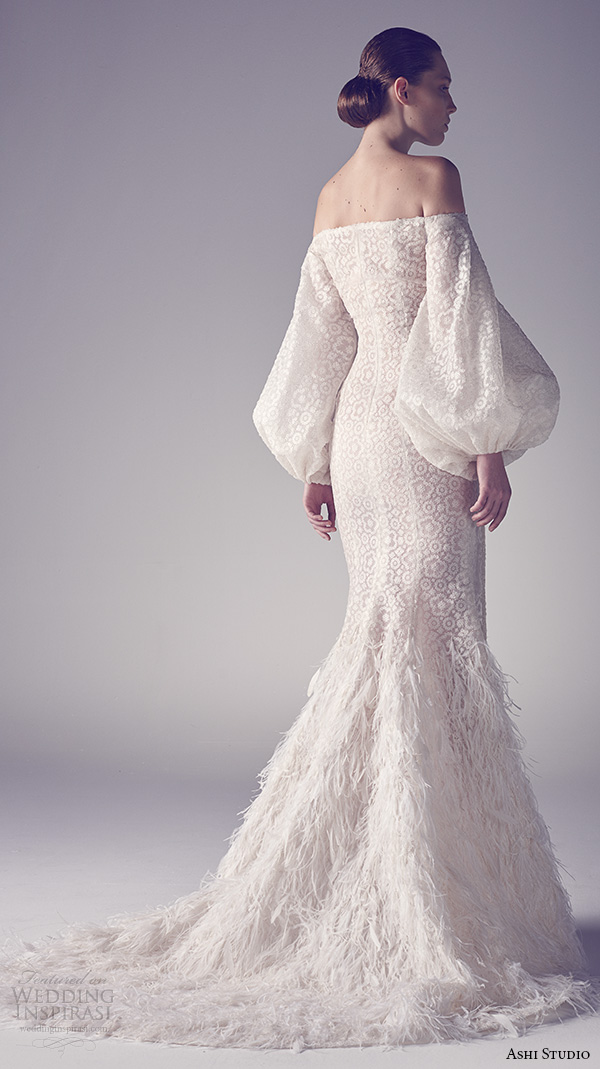 ashi studio couture 2015 off the shoulder bishop sleeves sheath wedding dress back view