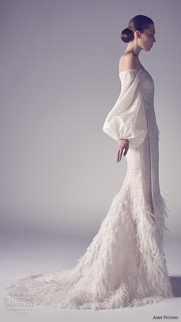 ashi studio couture 2015 off the shoulder bishop sleeves sheath wedding dress side view
