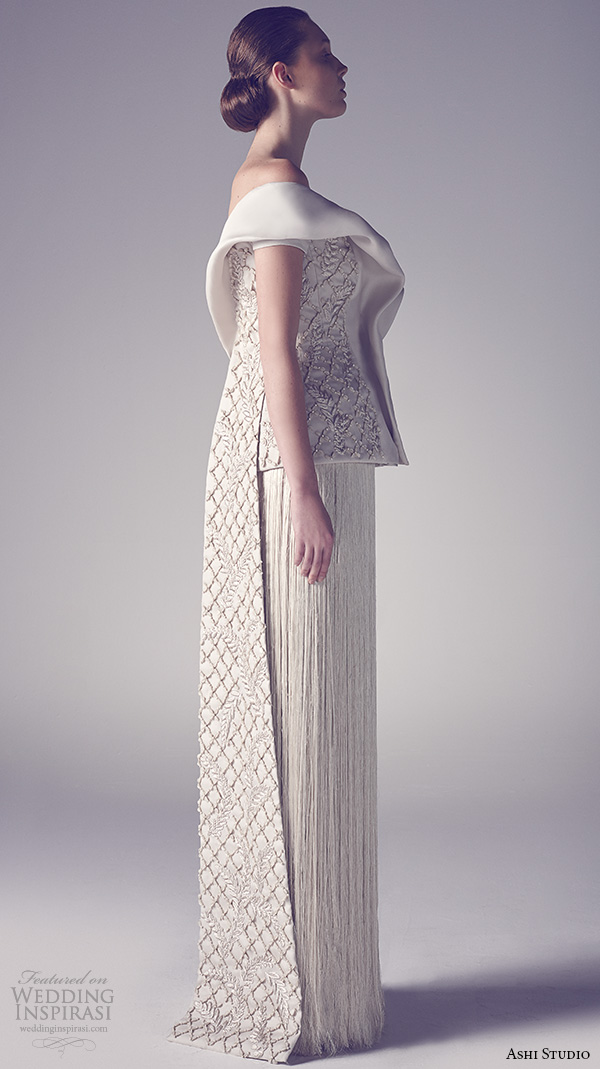 ashi studio couture 2015 off the shoulder  embroideried bodice jacket fringe skirt side view