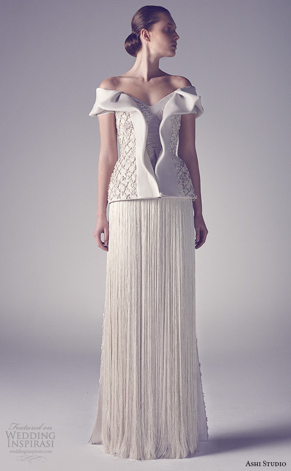 ashi studio couture 2015 off the shoulder  embroideried bodice jacket fringe skirt