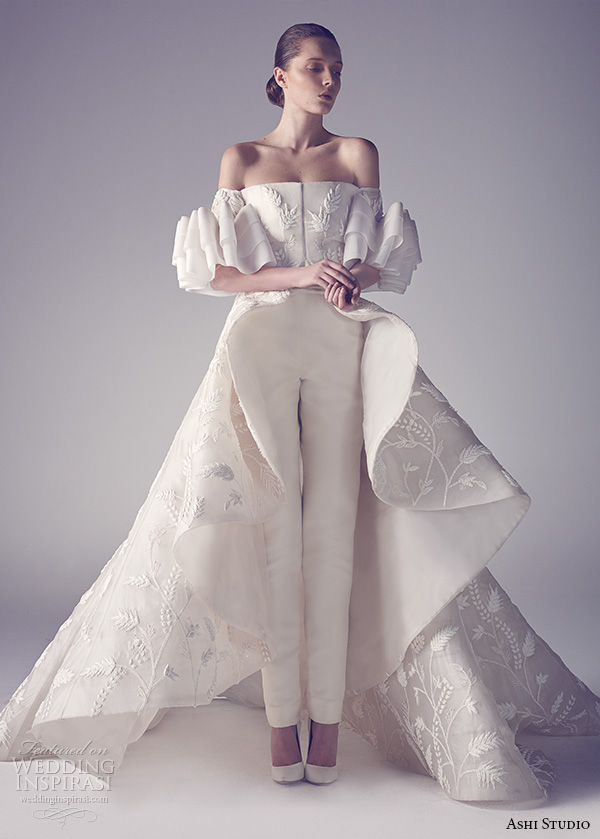 ashi studio couture 2015 off the shoulder straigh across neckline flounce overskirt with pants