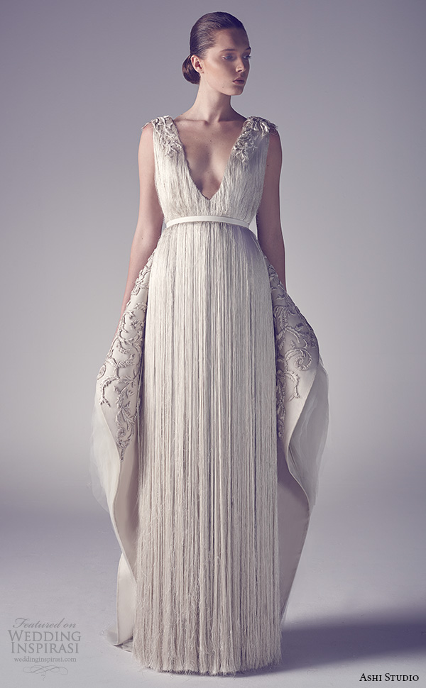 ashi studio couture 2015 plunging v neckline elegant grecian flounce back sheath gown