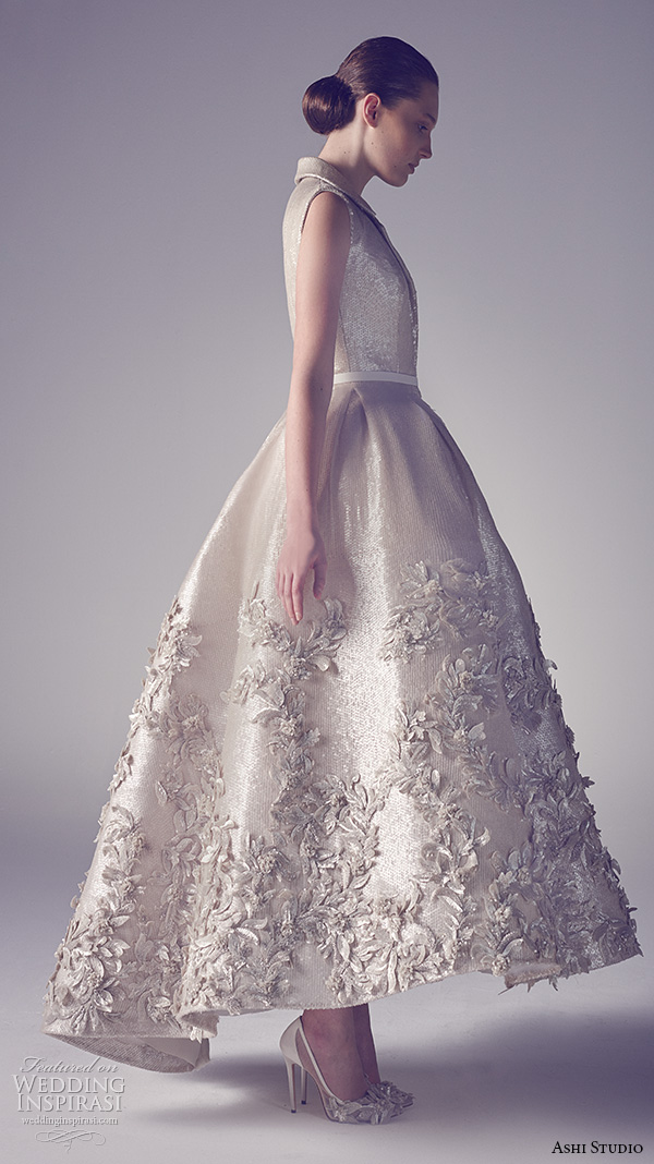 ashi studio couture 2015 sleeveless notch collar beautiful floral embroidery tea length dress side view