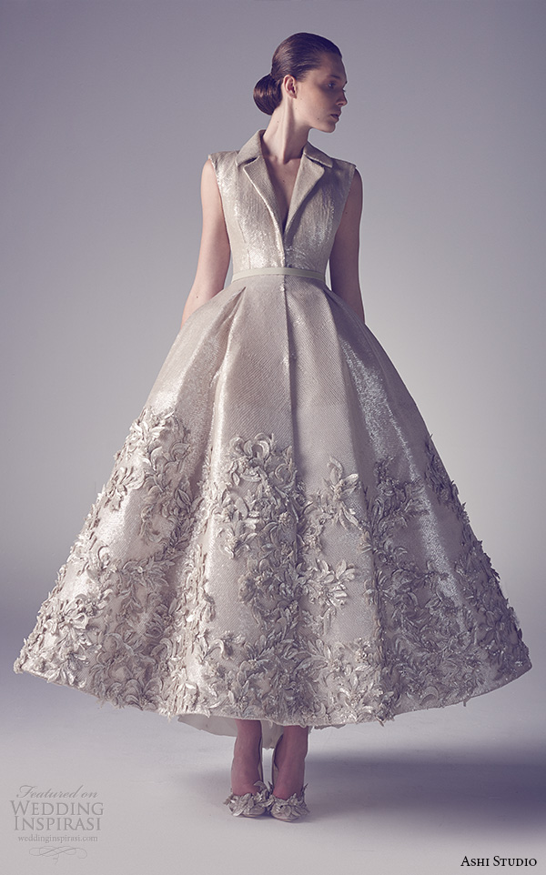 ashi studio couture 2015 sleeveless notch collar beautiful floral embroidery tea length dress