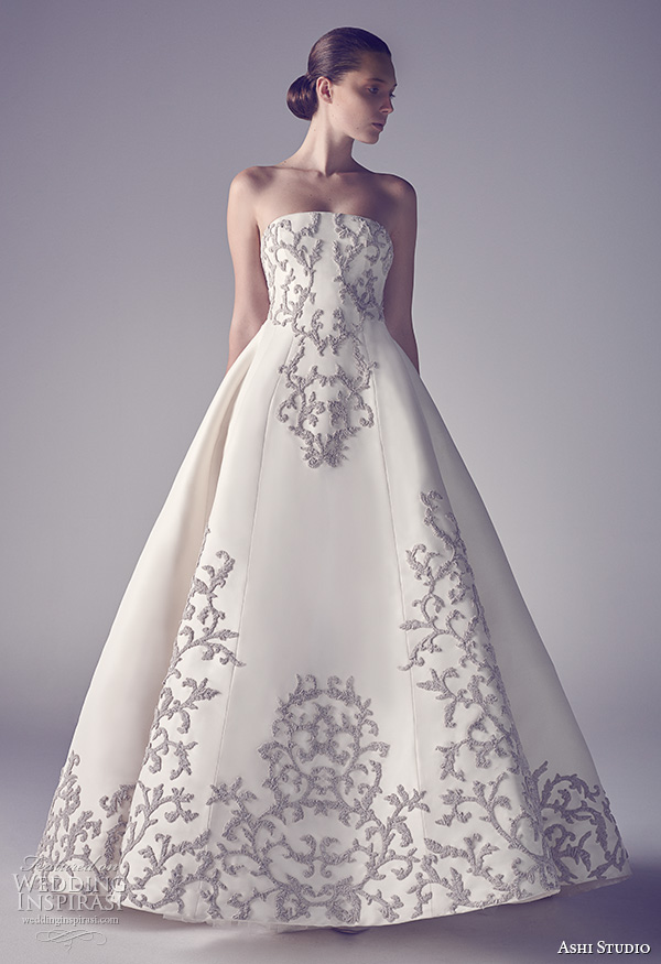 ashi studio couture 2015 strapless straight across neckline filigree floral embroidery chic ball gown wedding dress
