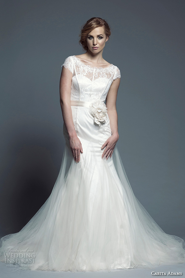 carita adams 2015 bridal bateau neckline lace cap sleeves trumpet wedding dress chapel train natalia full view