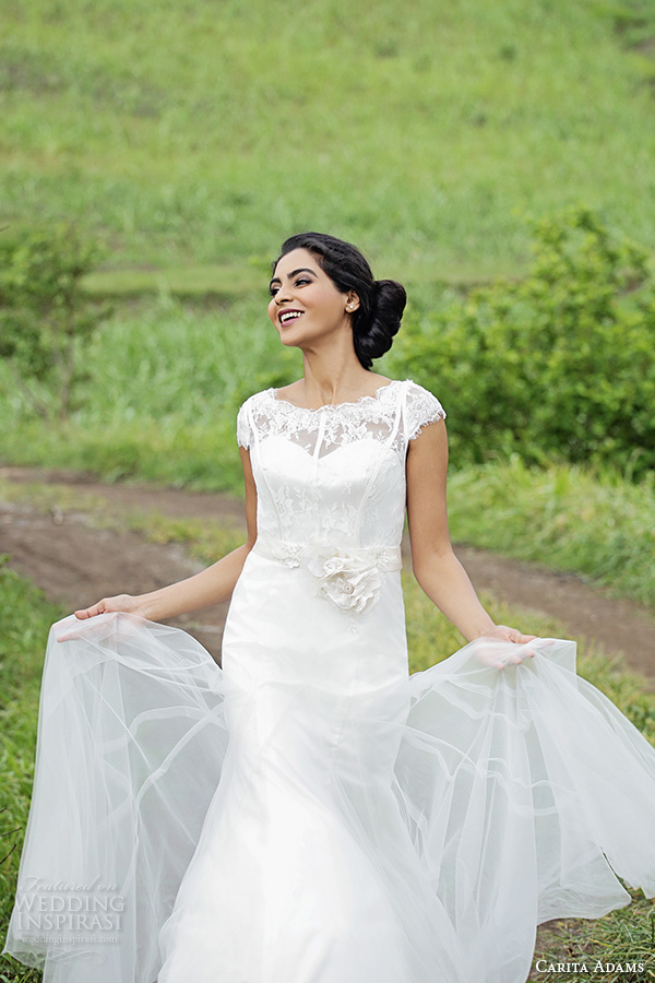 carita adams 2015 bridal bateau neckline lace cap sleeves trumpet wedding dress chapel train natalia