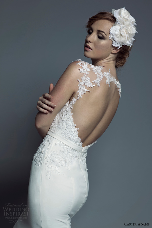 carita adams 2015 bridal lace strap neckline embroidery bodice trumpet wedding dress liana and headband back view