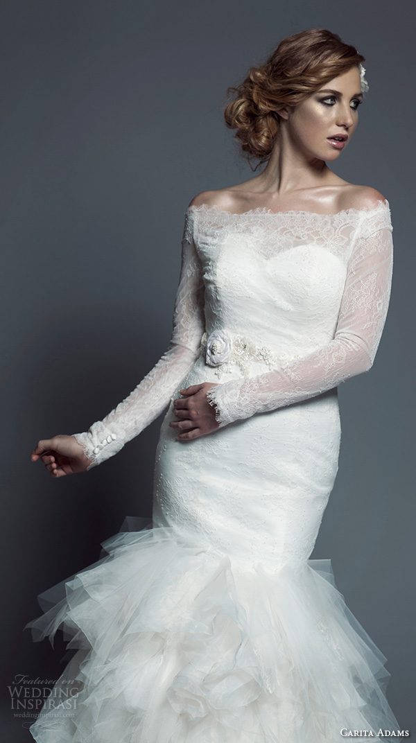 carita adams 2015 bridal off the shoulder long sleeves scalloped neckline mermaid wedding dress serena