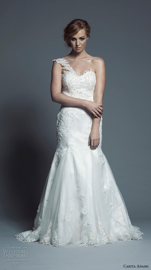 carita adams 2015 bridal one shoulder sweetheart neckline beaded bodice fit to flare trumpet wedding dress tasha