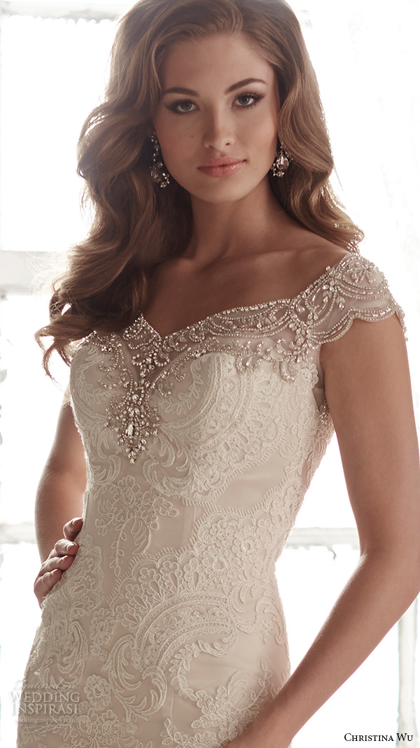 christina wu wedding dresses 2015 beaded cap sleeves v neckline elegant embroidered mermaid wedding dress 15582.close up