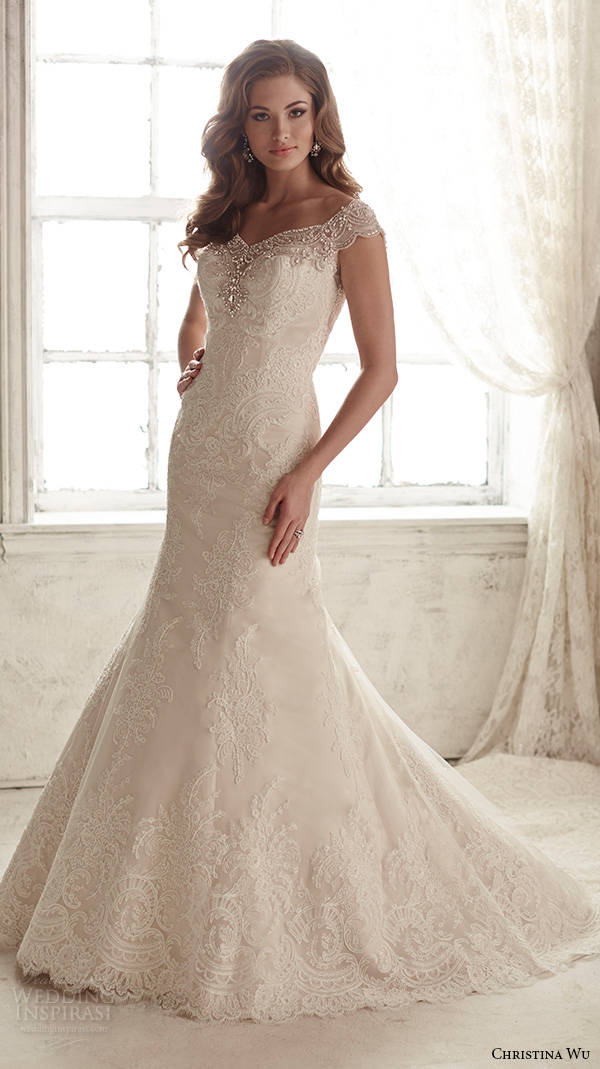 christina wu wedding dresses 2015 beaded cap sleeves v neckline elegant embroidered mermaid wedding dress 15582