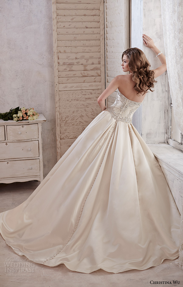 christina wu wedding dresses 2015 strapless sweetheart neckline beaded bodice satin champagne wedding ball gown dress 15581 back view