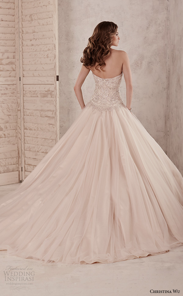 christina wu wedding dresses 2015 strapless sweetheart neckline embroidered bodice romantic champagne color ball gown dress 15584 back view