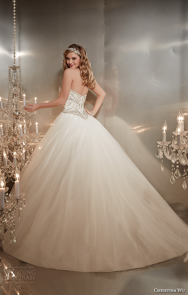 christina wu wedding dresses 2015 strapless sweetheart neckline embroidered bodice tulle skirt wedding ball gown dress 15574 back view